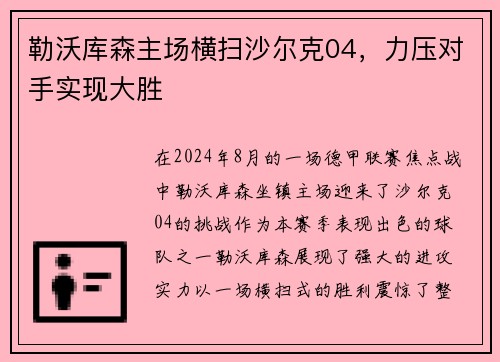勒沃库森主场横扫沙尔克04，力压对手实现大胜